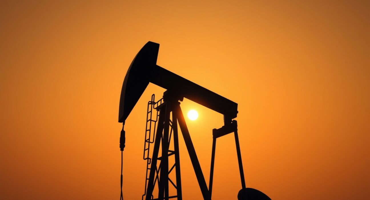 Crude oil pumpjack silhouetted against a dramatic sunset sky representing geopolitical tensions affecting WTI prices