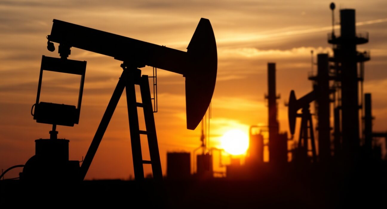 Oil pumpjack silhouette at sunset with refinery in background, representing WTI supply concerns.