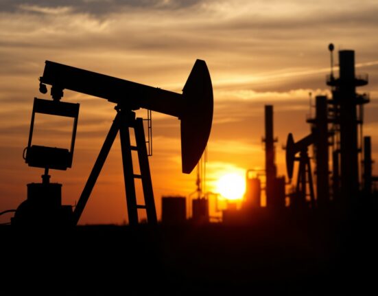 Oil pumpjack silhouette at sunset with refinery in background, representing WTI supply concerns.