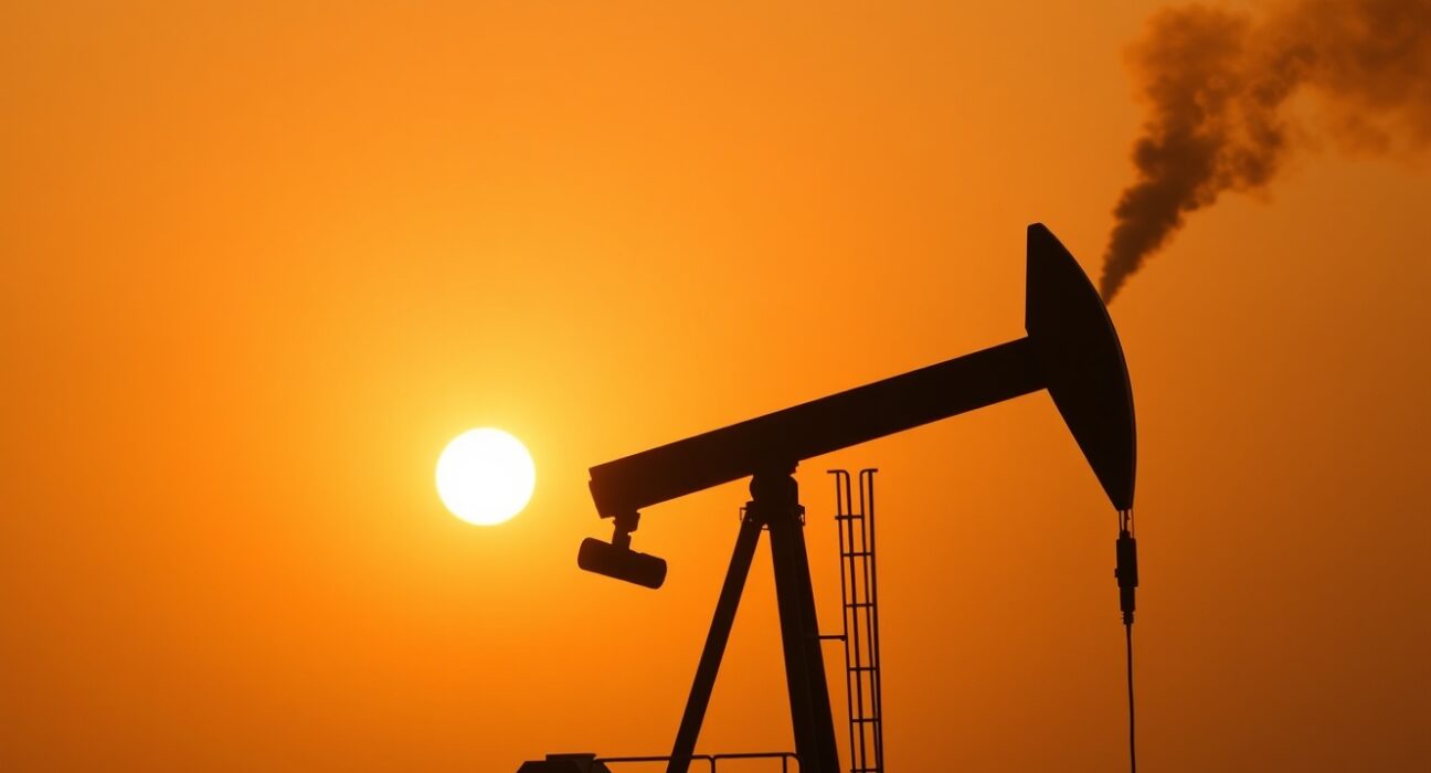 Oil pumpjack silhouette against sunset sky with distant smoke, representing Middle East geopolitical supply risks affecting WTI crude oil prices.