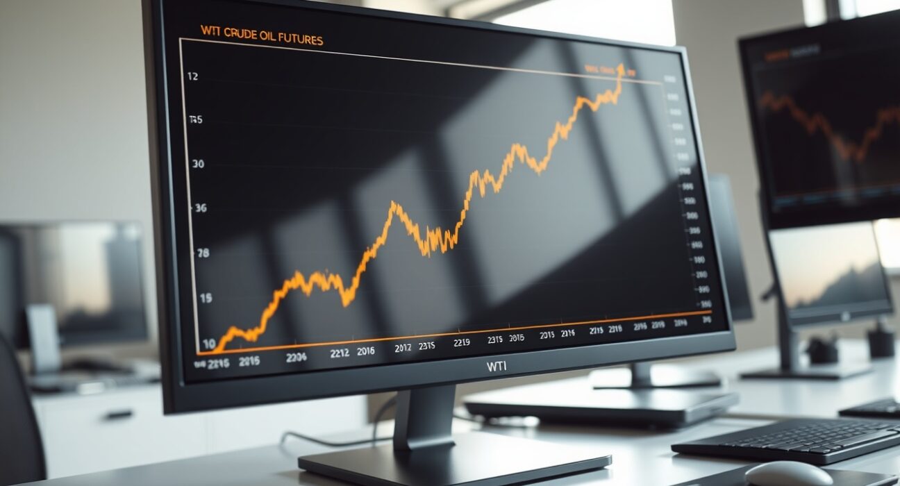 WTI crude oil price forecast showing an upward-trending chart on a trading terminal.