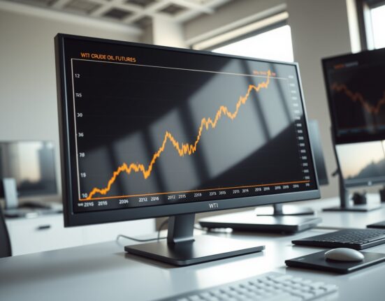 WTI crude oil price forecast showing an upward-trending chart on a trading terminal.