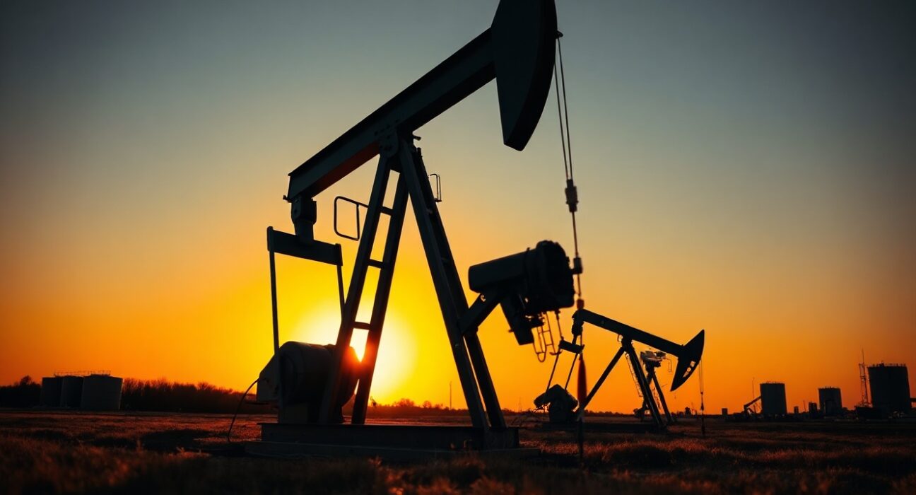Oil pumpjack in an oil field at sunset, representing WTI crude oil price movements.