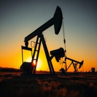 Oil pumpjack in an oil field at sunset, representing WTI crude oil price movements.