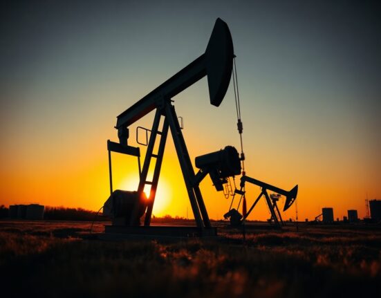 Oil pumpjack in an oil field at sunset, representing WTI crude oil price movements.