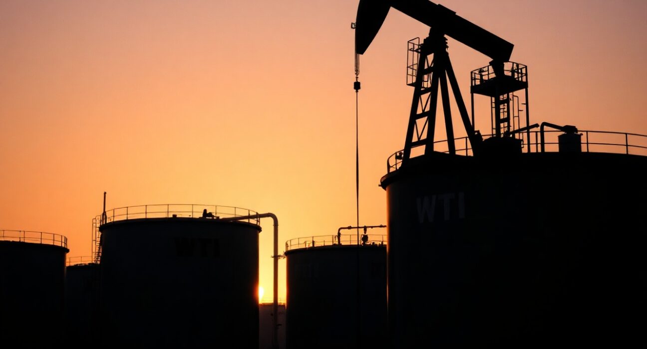 WTI crude oil storage tanks and pumpjack at an oil facility at sunset.