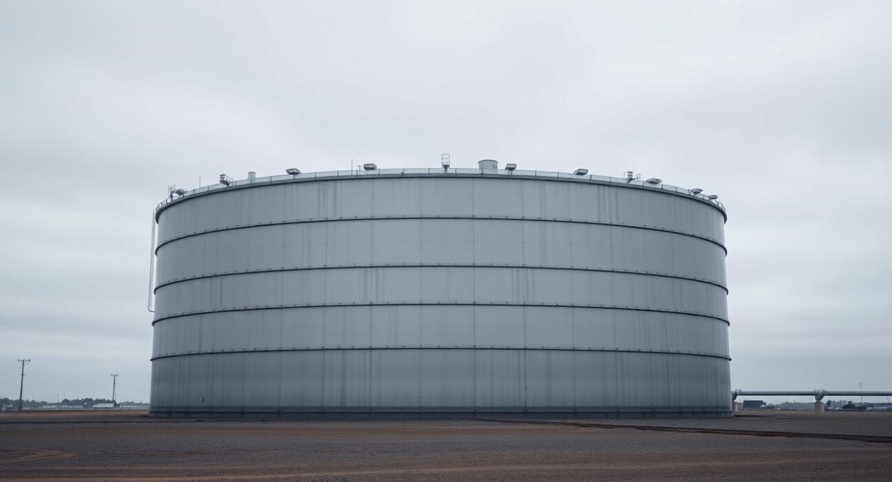 Large industrial oil storage tank under overcast sky representing WTI crude oil market conditions