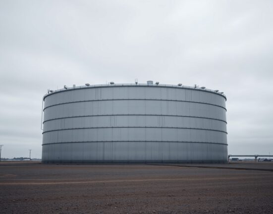 Large industrial oil storage tank under overcast sky representing WTI crude oil market conditions
