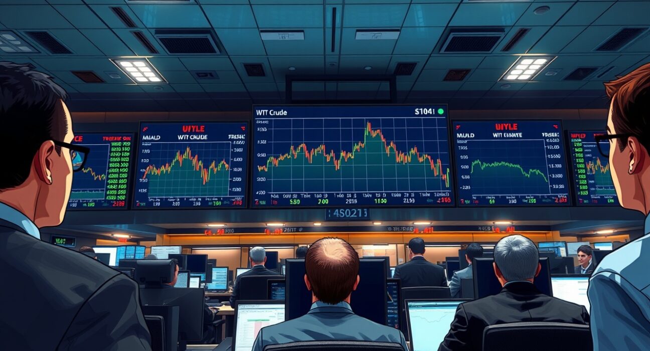 Oil trading floor monitoring WTI crude price retreat below $104 amid supply concerns