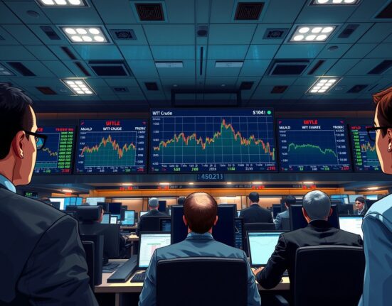 Oil trading floor monitoring WTI crude price retreat below $104 amid supply concerns