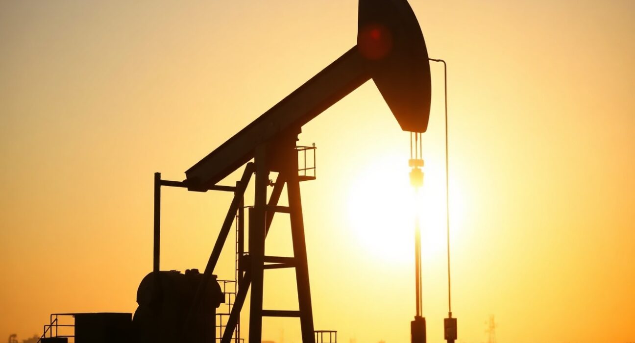 Oil pumpjack at sunset representing WTI supply concerns and price forecast.