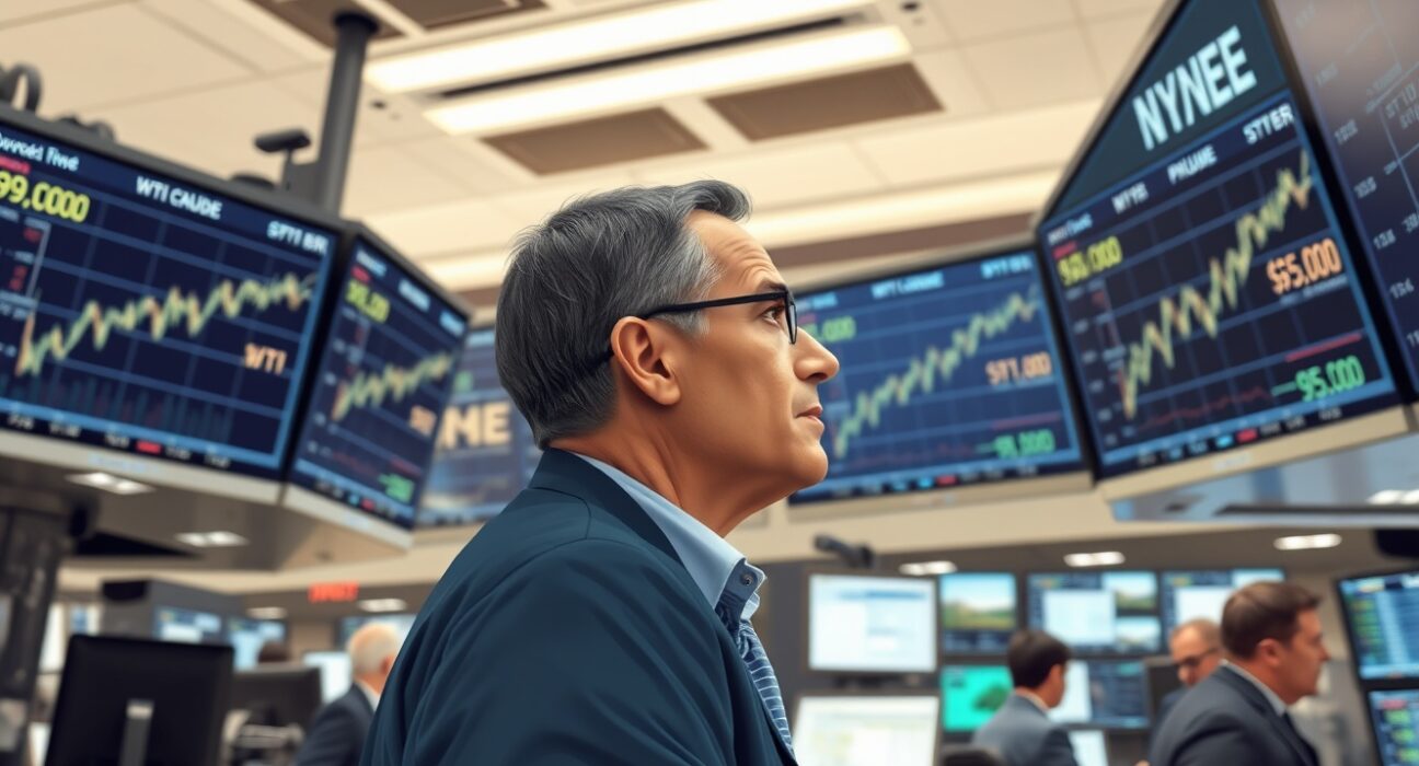 Energy trader analyzing WTI crude oil price charts showing bullish momentum above $95.00 level