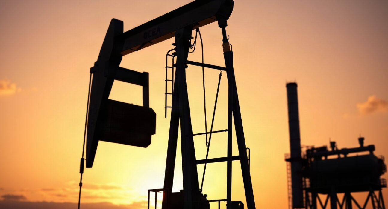 Oil pumpjack at sunset, representing crude oil supply and WTI price dynamics.