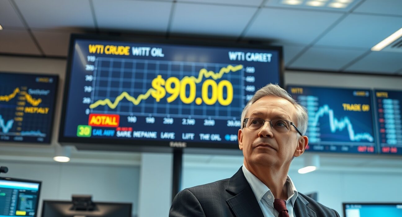 WTI crude oil price chart showing surge above $90 amid geopolitical tensions over Iran military deployment warnings.