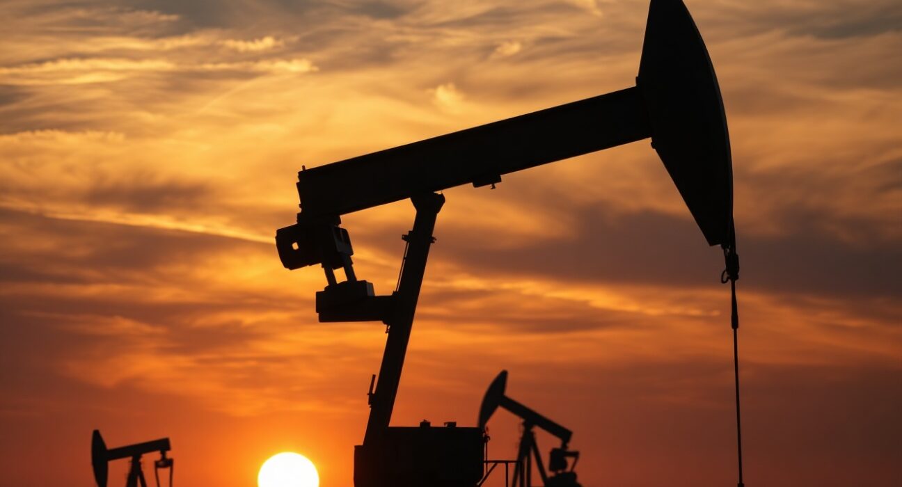 Oil pumpjack silhouette at sunset with WTI price forecast context