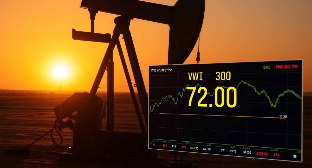 Oil pumpjack silhouette with WTI price chart showing $72