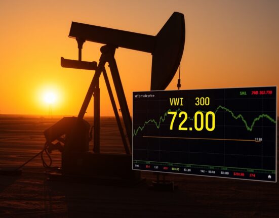Oil pumpjack silhouette with WTI price chart showing $72
