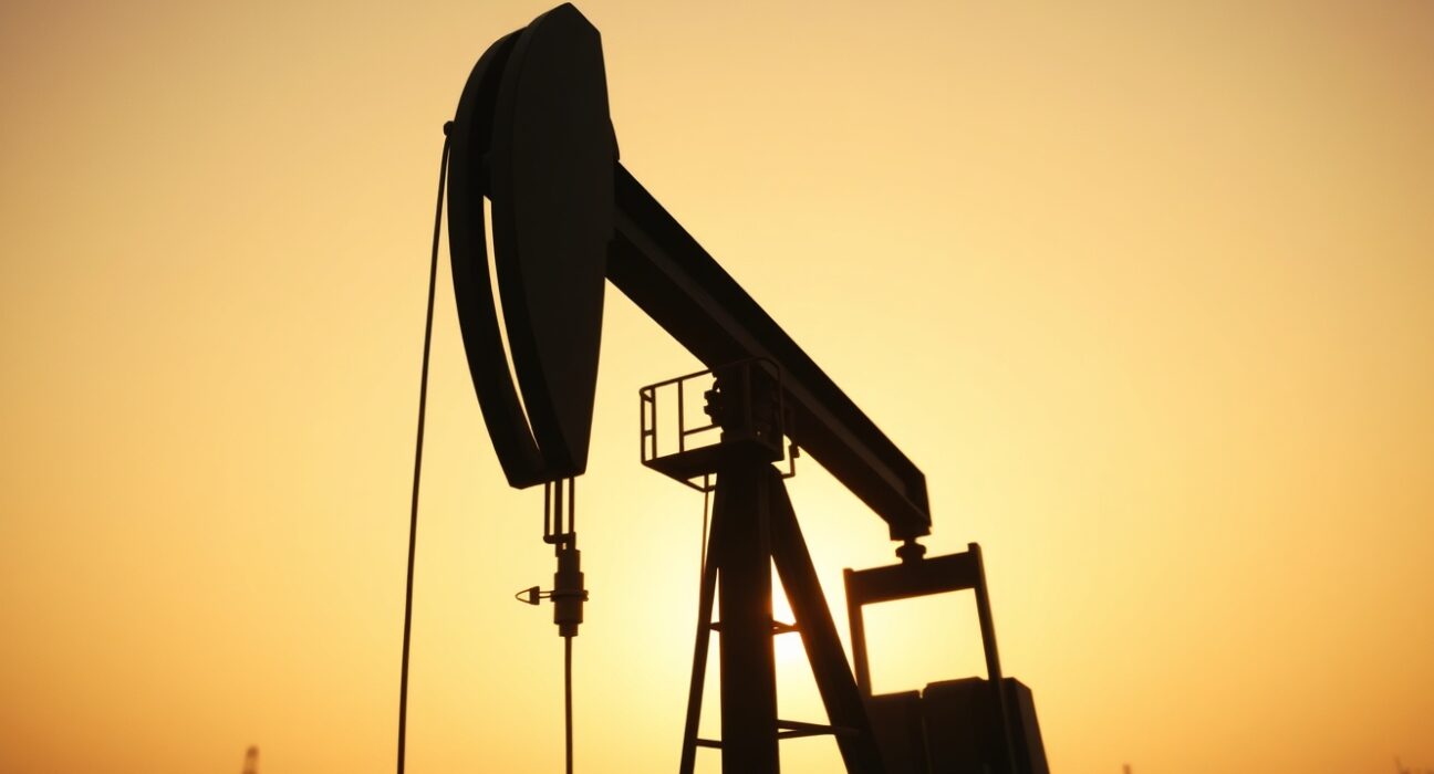 Crude oil pumpjack silhouetted against a hazy sunset sky, representing energy market uncertainty