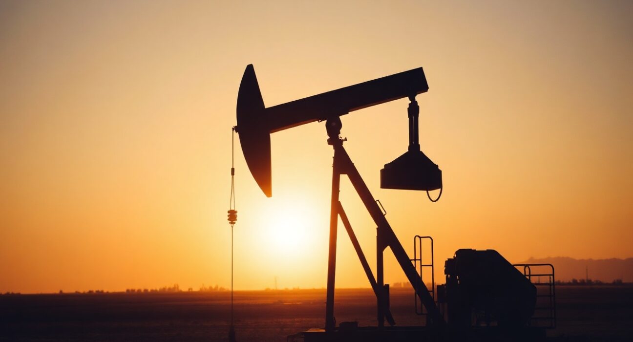 Crude oil pumpjack silhouetted at sunset in an oil field, representing WTI price stagnation amid US-Iran nuclear deadlock.