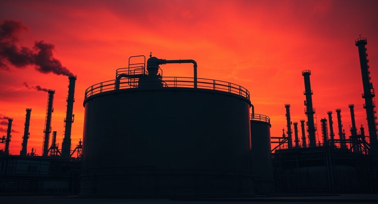 Oil refinery at dusk with storage tanks and pipelines under a dramatic orange sky, representing supply disruption risks.