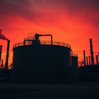 Oil refinery at dusk with storage tanks and pipelines under a dramatic orange sky, representing supply disruption risks.
