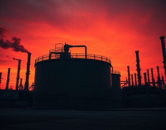 Oil refinery at dusk with storage tanks and pipelines under a dramatic orange sky, representing supply disruption risks.