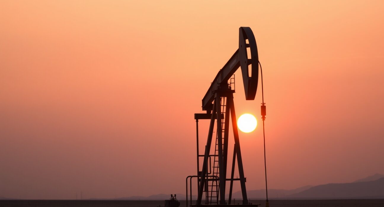 Oil pumpjack silhouette at sunset representing pause in WTI crude rally amid US-Iran de-escalation signals