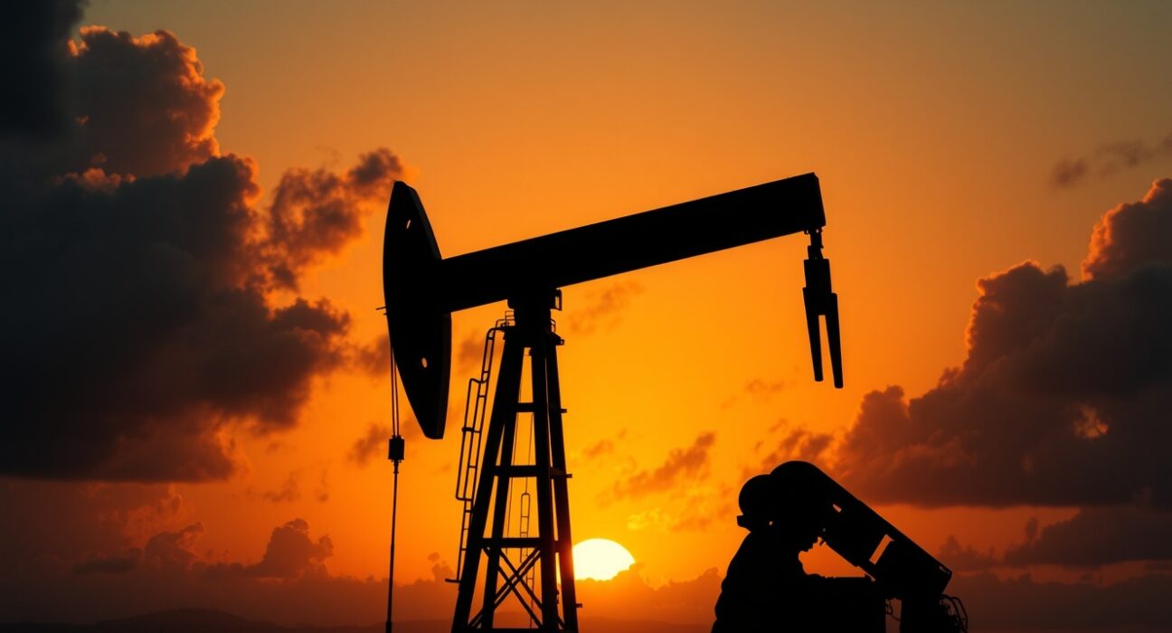 Oil pumpjack silhouette against sunset sky representing crude oil supply risk and geopolitical tension