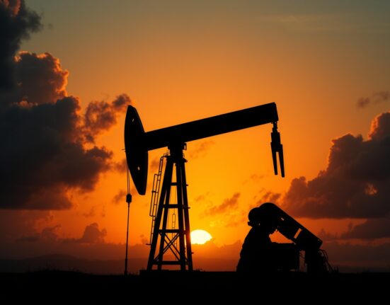 Oil pumpjack silhouette against sunset sky representing crude oil supply risk and geopolitical tension