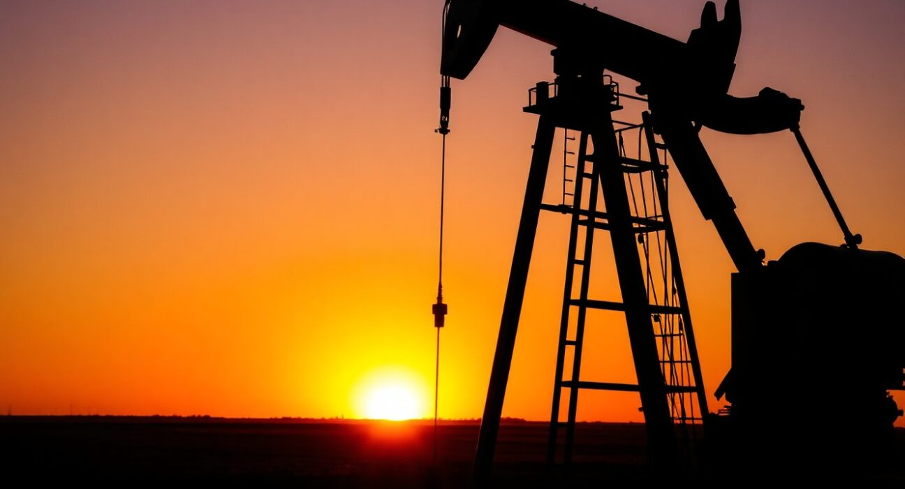 Oil pumpjack silhouette at sunset representing crude oil price volatility amid geopolitical tensions