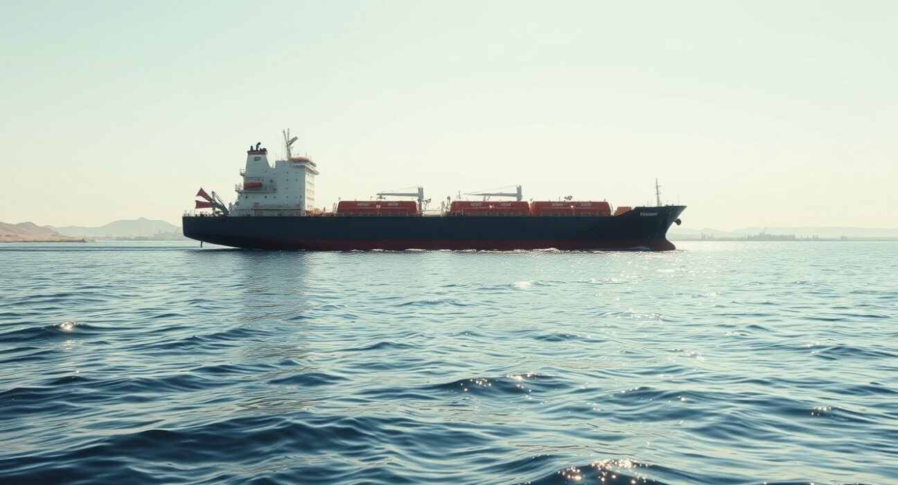 Oil tanker navigating the Strait of Hormuz under a clear sky