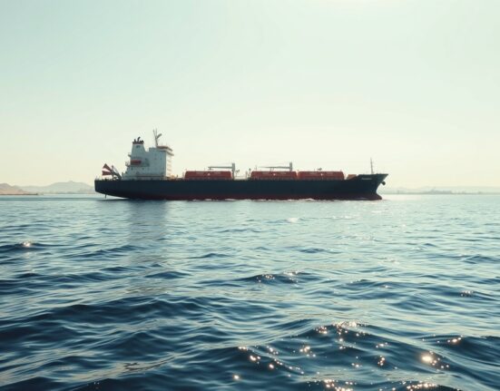 Oil tanker navigating the Strait of Hormuz under a clear sky