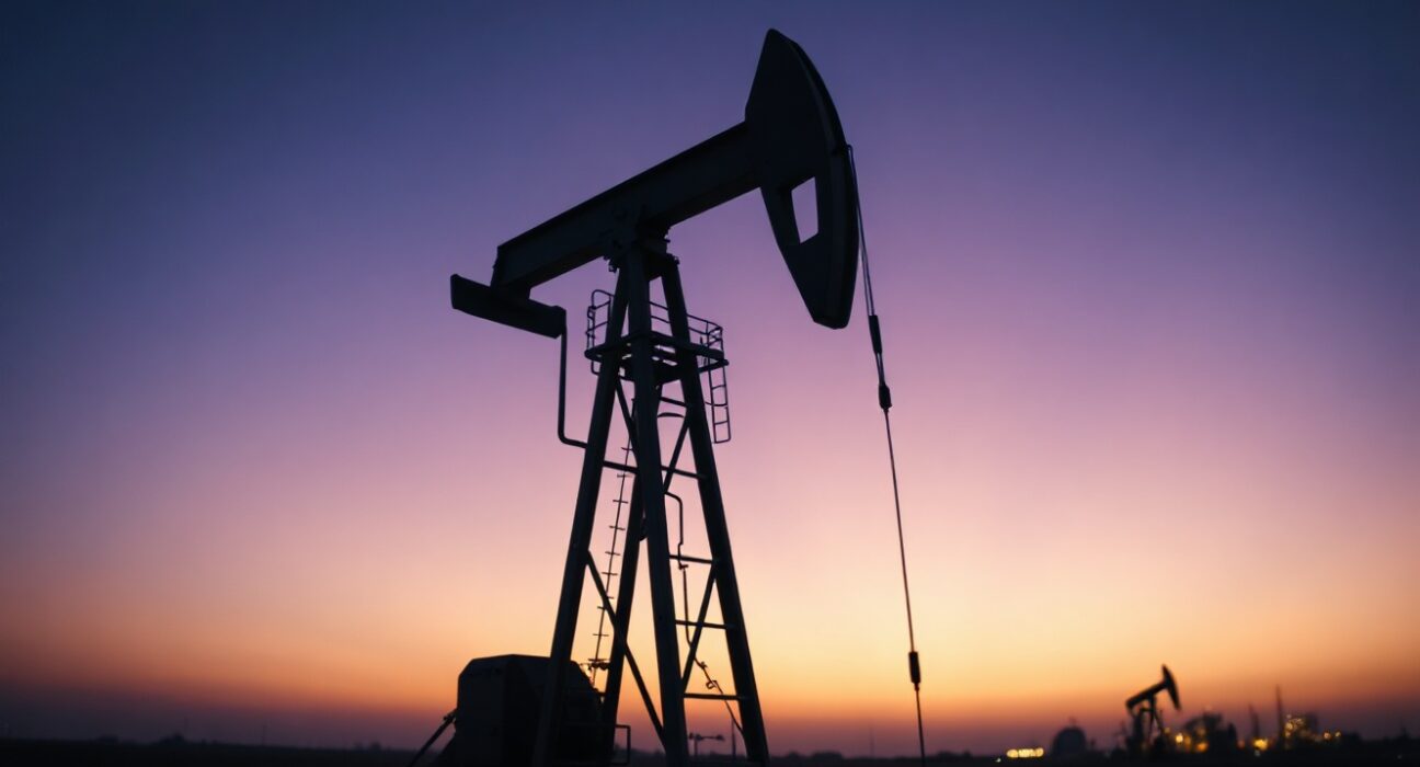 Oil pumpjack silhouette at dusk representing WTI crude oil market recovery