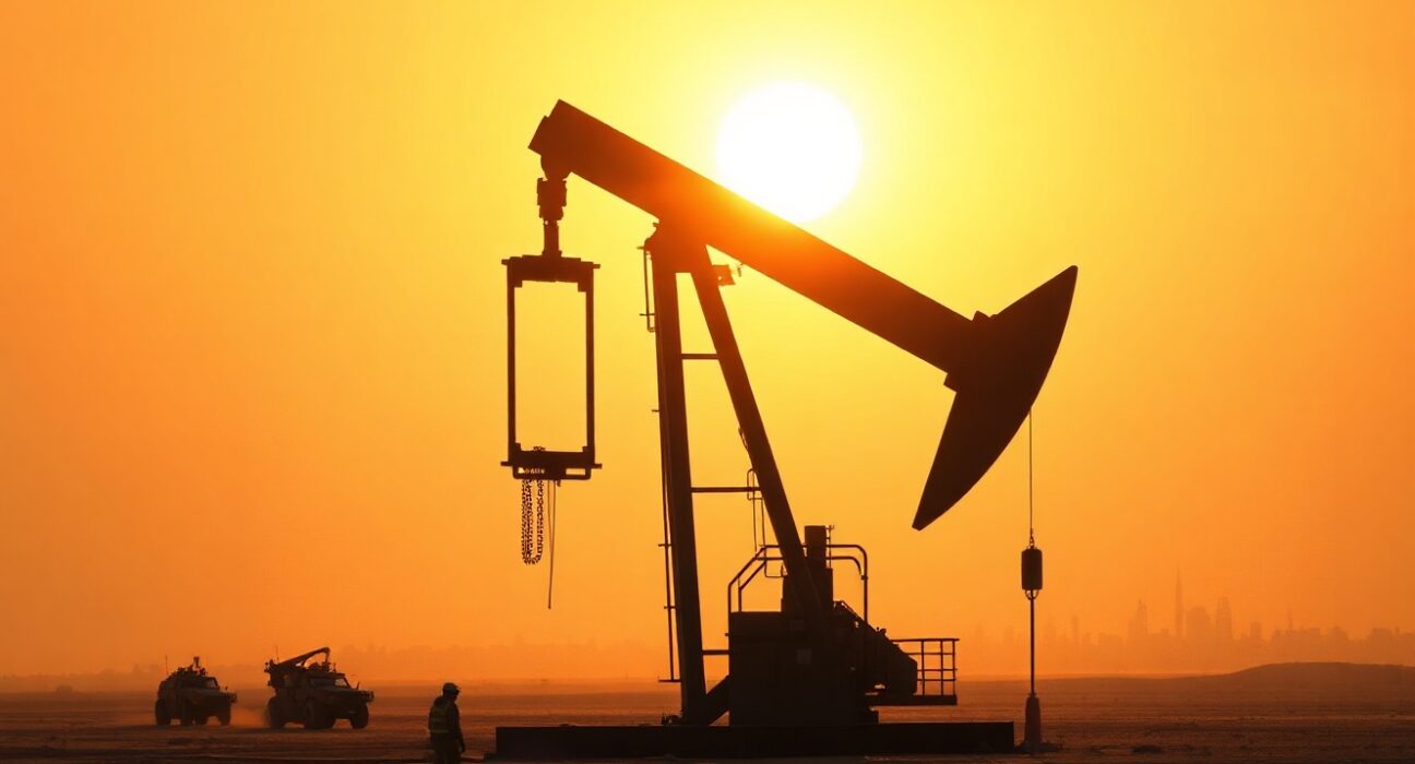 Oil pumpjack silhouetted against a hazy sunset sky in a Middle Eastern landscape.