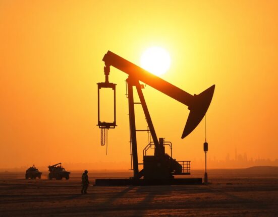 Oil pumpjack silhouetted against a hazy sunset sky in a Middle Eastern landscape.