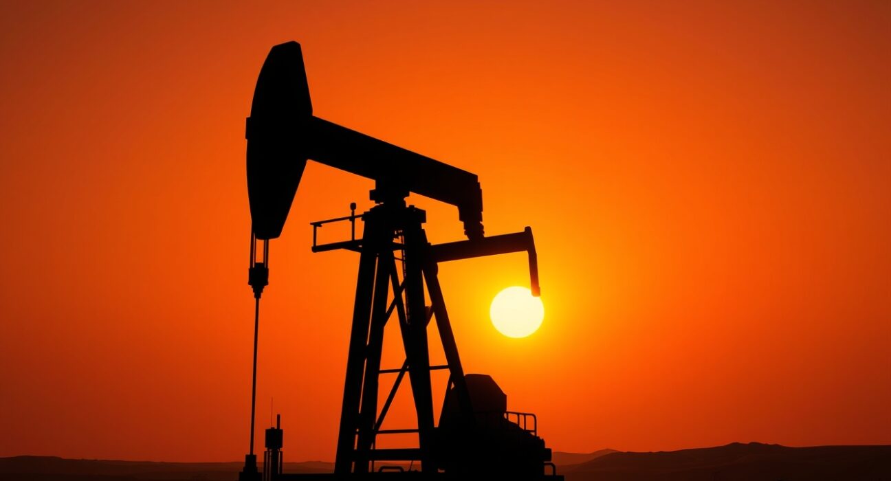 WTI crude oil pumpjack silhouetted against sunset sky, representing oil price retreat below $102.50 amid stronger US Dollar and Iran conflict risks.