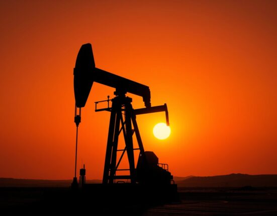 WTI crude oil pumpjack silhouetted against sunset sky, representing oil price retreat below $102.50 amid stronger US Dollar and Iran conflict risks.
