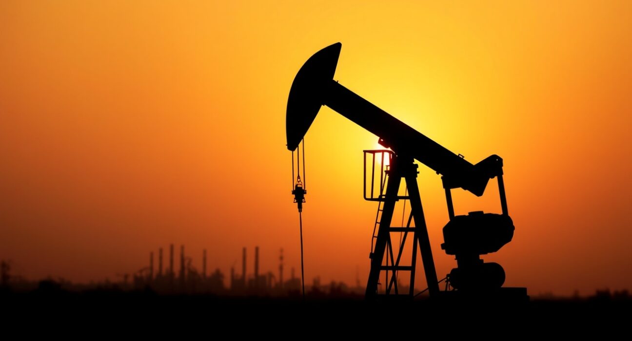 Oil pumpjack silhouetted at sunset with refinery in background representing crude oil supply dynamics