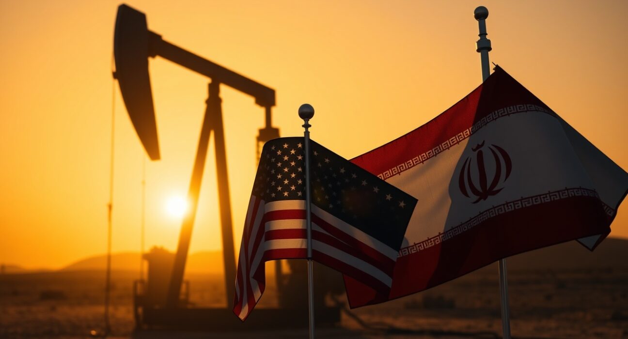 Oil pumpjack silhouette at sunset with US and Iranian flags in foreground, symbolizing geopolitical tensions affecting crude oil prices.
