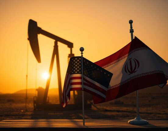 Oil pumpjack silhouette at sunset with US and Iranian flags in foreground, symbolizing geopolitical tensions affecting crude oil prices.