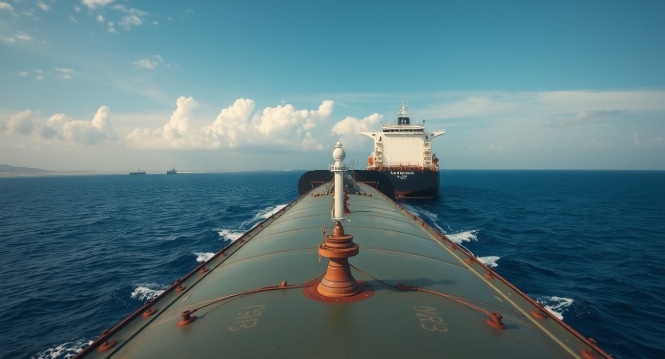 Oil tanker in the Strait of Hormuz under cloudy sky with military presence