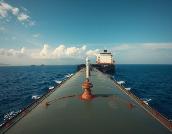 Oil tanker in the Strait of Hormuz under cloudy sky with military presence