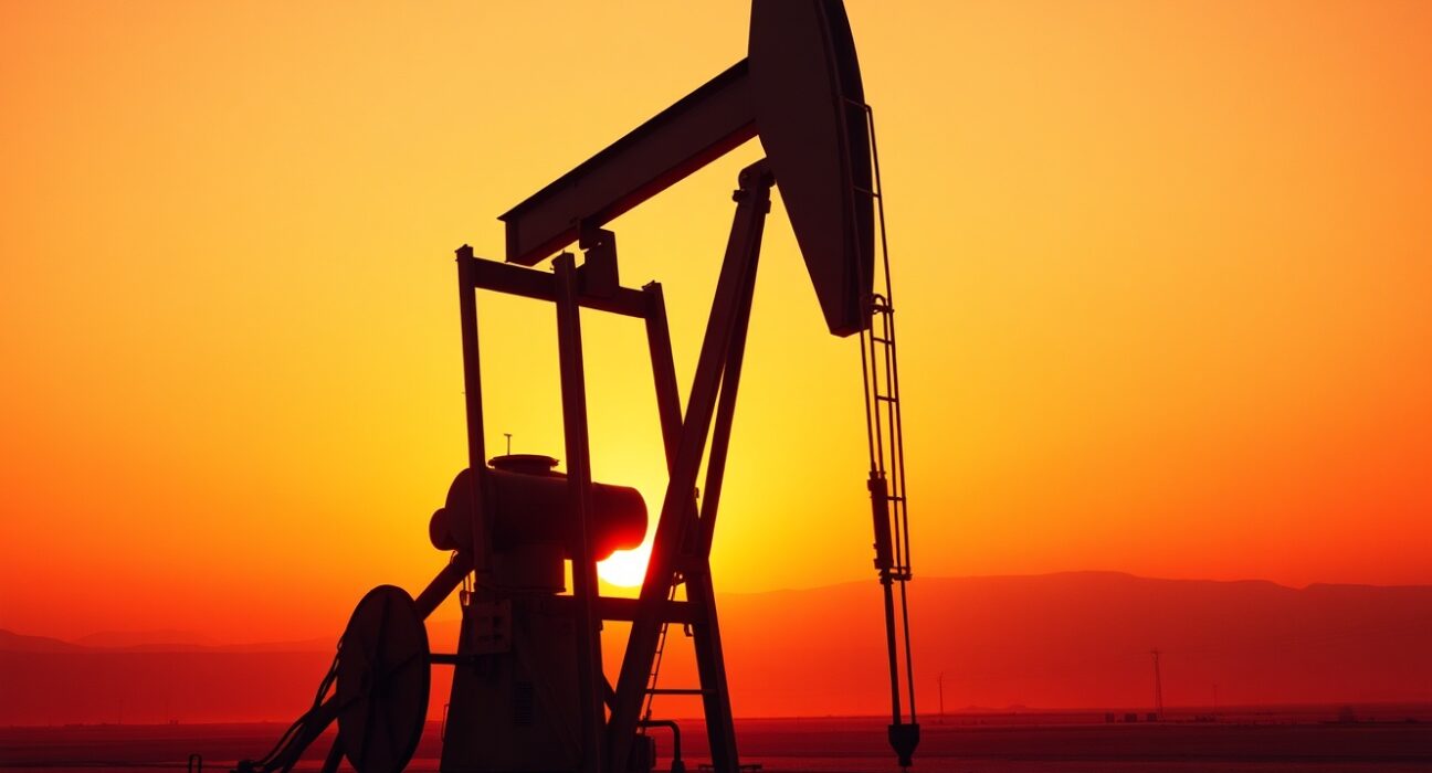 Oil pumpjack silhouetted against a dramatic sunset sky, representing energy market uncertainty and supply disruption fears.