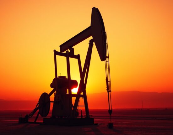 Oil pumpjack silhouetted against a dramatic sunset sky, representing energy market uncertainty and supply disruption fears.