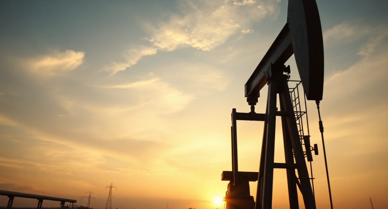 Oil pumpjack silhouette at dusk representing crude oil supply concerns