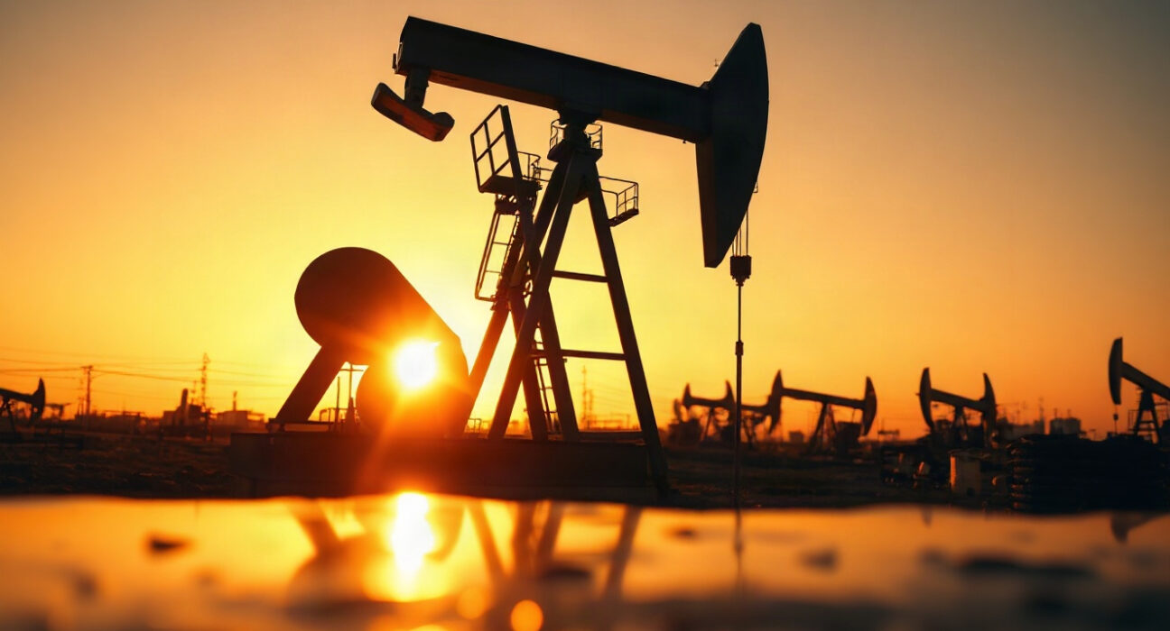 WTI crude oil price chart with pumpjack silhouette at sunset