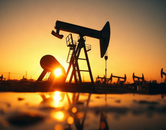 WTI crude oil price chart with pumpjack silhouette at sunset