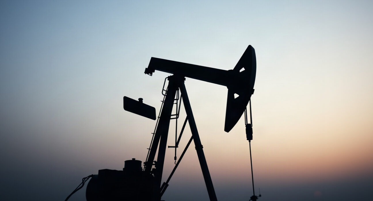 Crude oil pumpjack silhouette against overcast sky, representing WTI price movements.