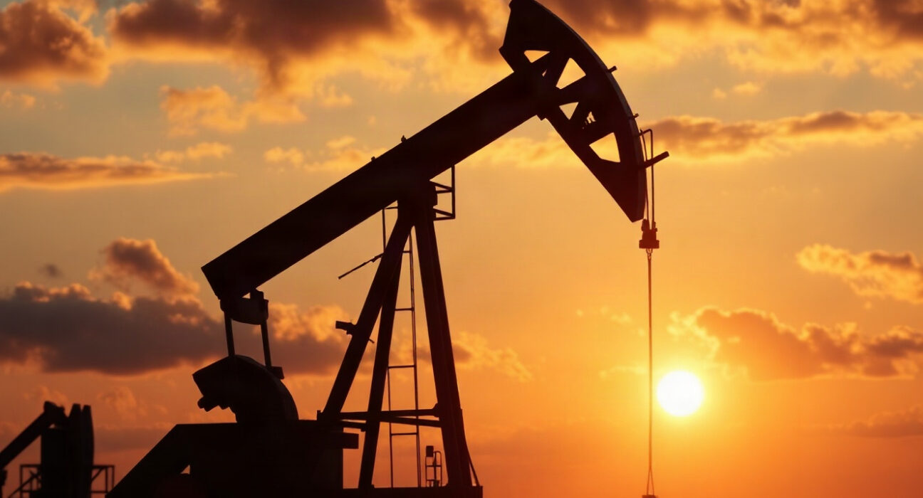 WTI crude oil pumpjack at sunset with diplomatic and sanctions backdrop