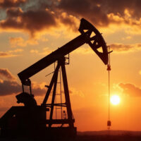 WTI crude oil pumpjack at sunset with diplomatic and sanctions backdrop